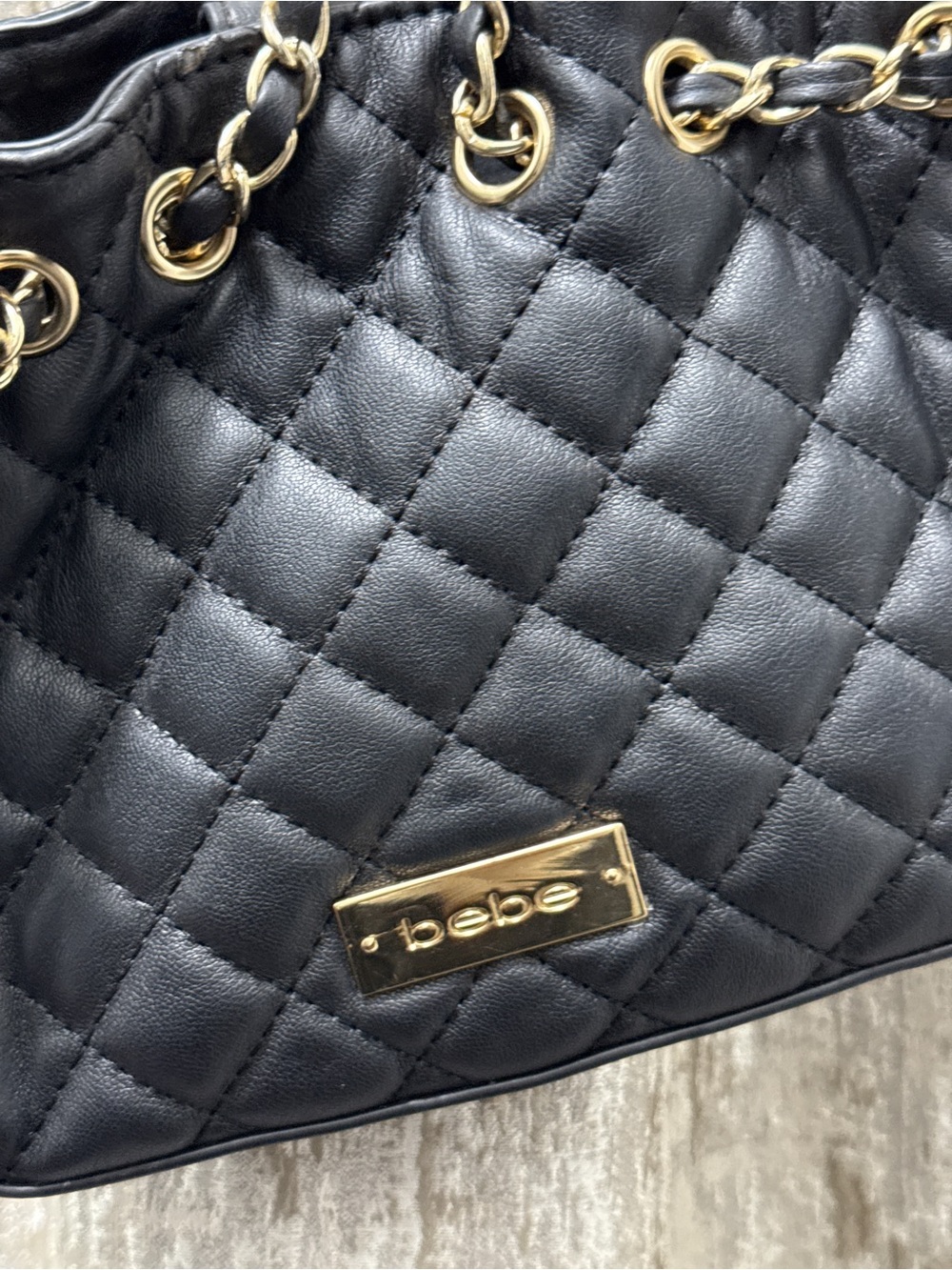 bebe Black Quilted Shoulder Bag with Gold Accent